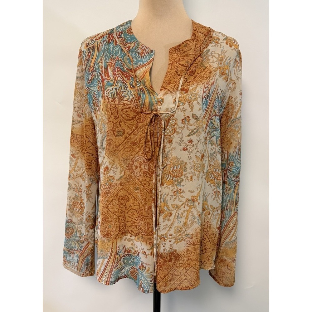 Lemon Grass Studio Womens Top Boho Patchwork Peasant Sheer Chiffon Teal Large